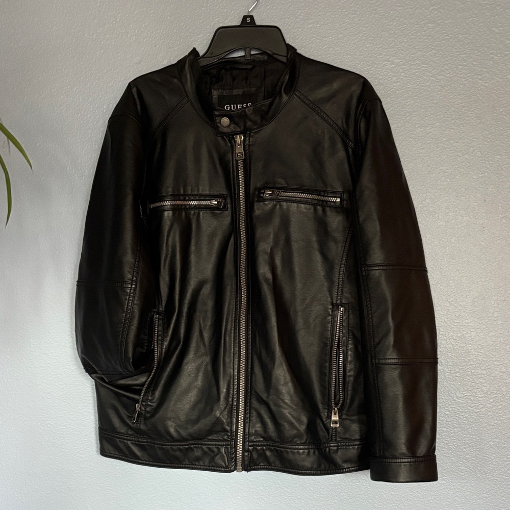 GUESS Faux Leather BIKER Jacket. Size large. Zipper front. Zipper pockets. Black